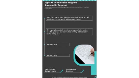 Sign Off For Television Program Sponsorship Proposal One Pager Sample Example Document