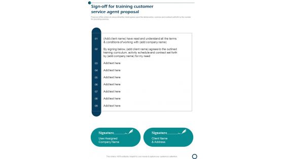Sign Off For Training Customer Service Agent Proposal One Pager Sample Example Document