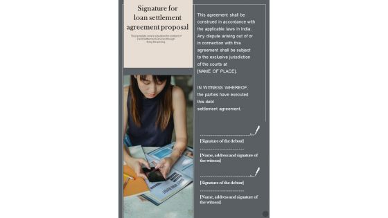 Signature For Loan Settlement Agreement Proposal One Pager Sample Example Document Signature For Loan Settlement Agreement Proposal One Pager Sample Example Document