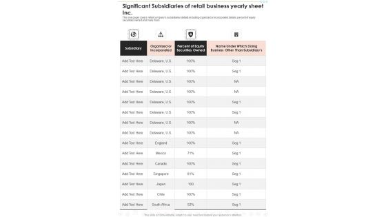 Significant Subsidiaries Of Retail Business Yearly Sheet Inc One Pager Documents Significant Subsidiaries Of Retail Business Yearly Sheet Inc One Pager Documents