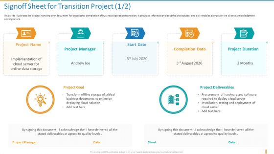 Signoff Sheet For Transition Project Transformation Plan Ppt Professional Background Image PDF