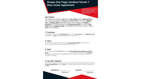 Simple One Page Landlord Tenant 7 Days Lease Agreement PDF Document PPT Template