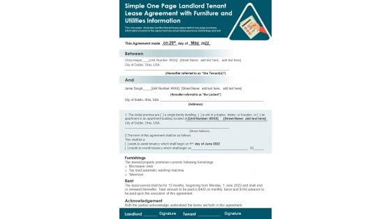 Simple One Page Landlord Tenant Lease Agreement With Furniture And Utilities Information PDF Document PPT Template Simple One Page Landlord Tenant Lease Agreement With Furniture And Utilities Information PDF Document PPT Template