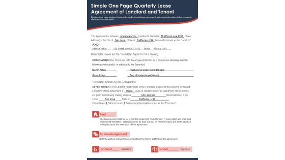 Simple One Page Quarterly Lease Agreement Of Landlord And Tenant PDF Document PPT Template Simple One Page Quarterly Lease Agreement Of Landlord And Tenant PDF Document PPT Template