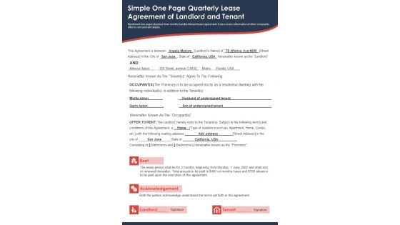 Simple One Page Quarterly Lease Agreement Of Landlord And Tenant PDF Document PPT Template