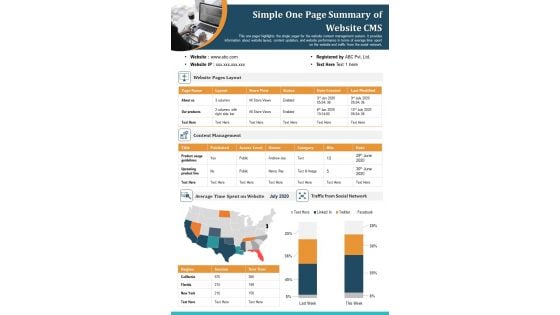 Simple One Page Summary Of Website CMS PDF Document PPT Template