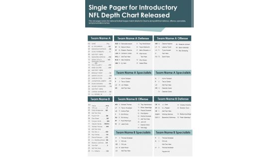 Single Pager For Introductory NFL Depth Chart Released PDF Document PPT Template