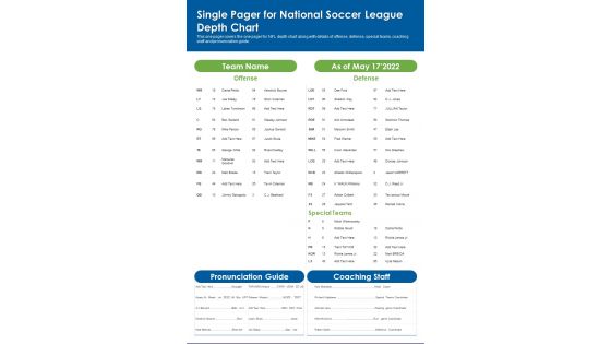 Single Pager For National Soccer League Depth Chart PDF Document PPT Template