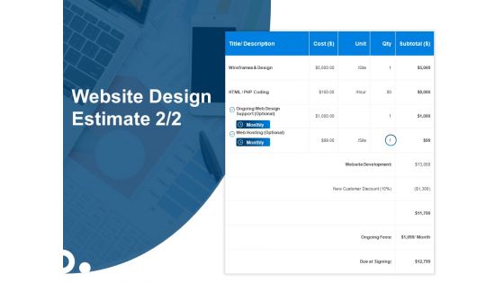 Site Development And Design Website Design Estimate Cost Ppt Icon Outfit PDF