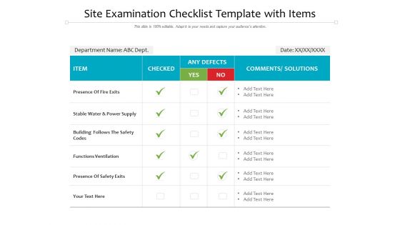 Site Examination Checklist Template With Items Ppt PowerPoint Presentation Outline Visual Aids PDF