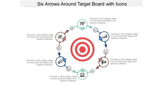 Six Arrows Around Target Board With Icons Ppt Powerpoint Presentation Example