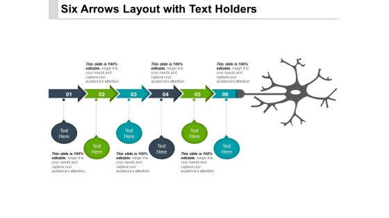 Six Arrows Layout With Text Holders Ppt PowerPoint Presentation Ideas Rules PDF