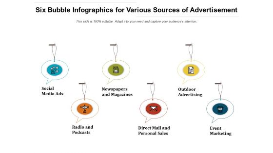 Six Bubble Infographics For Various Sources Of Advertisement Ppt Summary Template PDF