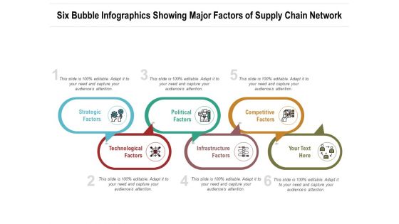 Six Bubble Infographics Showing Major Factors Of Supply Chain Network Ppt Infographic Template Elements PDF Ppt Styles Infographics PDF