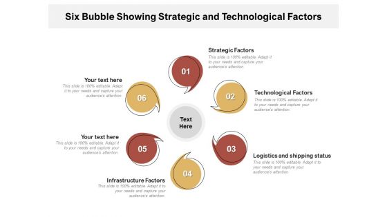 Six Bubble Showing Strategic And Technological Factors Ppt Infographic Template Example Topics PDF Ppt Ideas Tips PDF