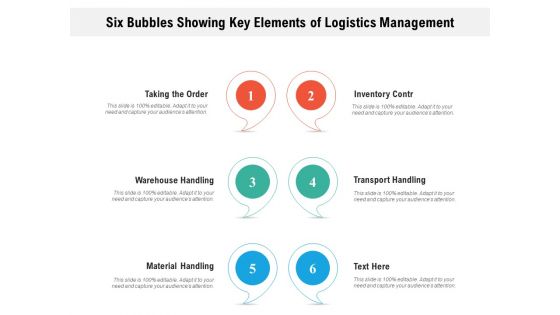 Six Bubbles Showing Key Elements Of Logistics Management Ppt Outline Themes PDF Six Bubbles Showing Key Elements Of Logistics Management Ppt Outline Themes PDF