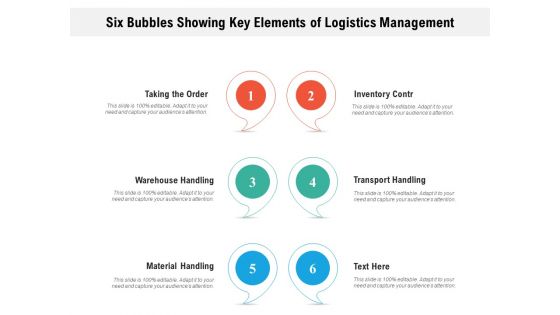 Six Bubbles Showing Key Elements Of Logistics Management Ppt Outline Themes PDF