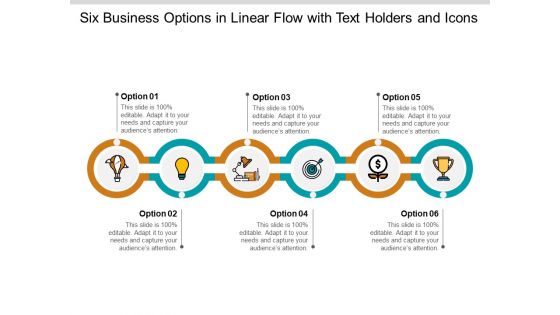 Six Business Options In Linear Flow With Text Holders And Icons Ppt PowerPoint Presentation Pictures Graphics Example