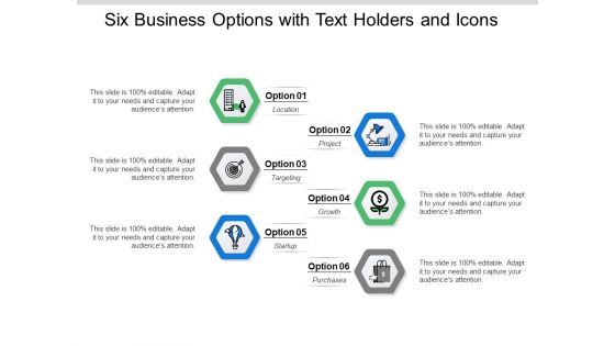 Six Business Options With Text Holders And Icons Ppt PowerPoint Presentation Pictures Guide