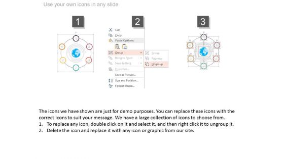 Six Circle Steps Around Globe With Icons Powerpoint Template