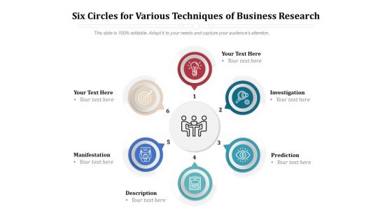 Six Circles For Various Techniques Of Business Research Ppt PowerPoint Presentation File Example PDF