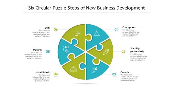 Six Circular Puzzle Steps Of New Business Development Ppt PowerPoint Presentation Infographic Template Vector PDF
