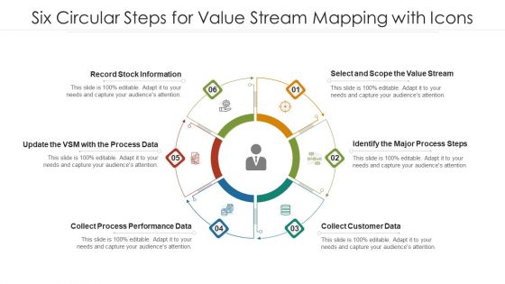 Six Circular Steps For Value Stream Mapping With Icons Ppt PowerPoint Presentation File Clipart Images PDF