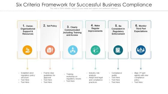 Six Criteria Framework For Successful Business Compliance Ppt PowerPoint Presentation Infographics Samples PDF Six Criteria Framework For Successful Business Compliance Ppt PowerPoint Presentation Infographics Samples PDF