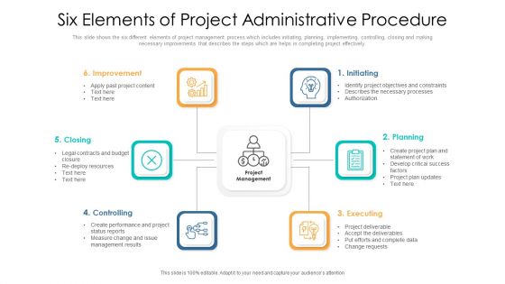 Six Elements Of Project Administrative Procedure Ppt PowerPoint Presentation Gallery Example PDF
