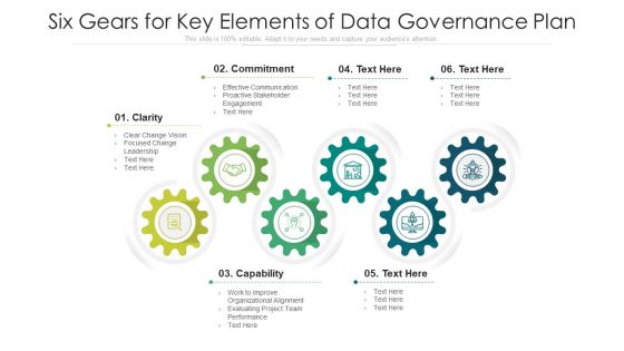 Six Gears For Key Elements Of Data Governance Plan Ppt PowerPoint Presentation Gallery Slides PDF