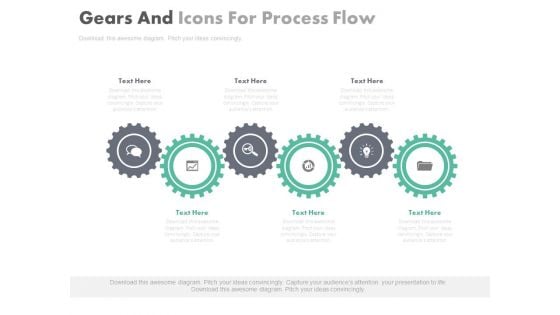 Six Gears With Icons For Process Flow Powerpoint Template