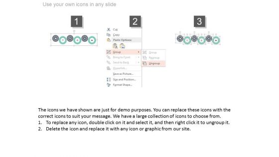 Six Gears With Icons For Process Flow Powerpoint Template