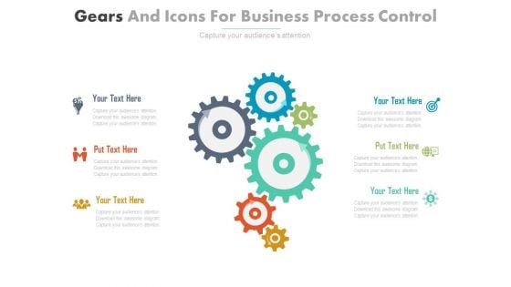 Six Gears With Strategy And Business Icons Powerpoint Template