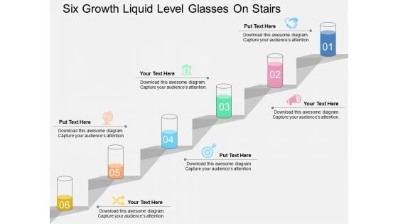 Six Growth Liquid Level Glasses On Stairs Powerpoint Template