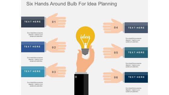 Six Hands Around Bulb For Idea Planning Powerpoint Templates