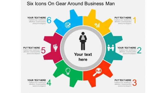 Six Icons On Gear Around Business Man Powerpoint Templates