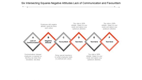 Six Intersecting Squares Negative Attitudes Lack Of Communication And Favouritism Ppt PowerPoint Presentation Infographic Template Graphics