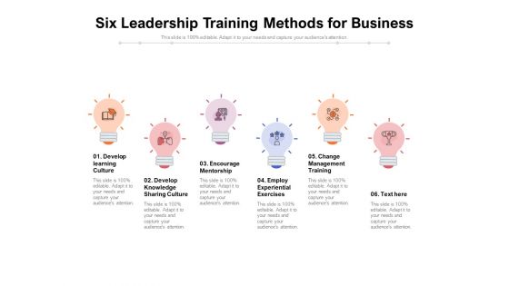 Six Leadership Training Methods For Business Ppt PowerPoint Presentation Slides Grid PDF