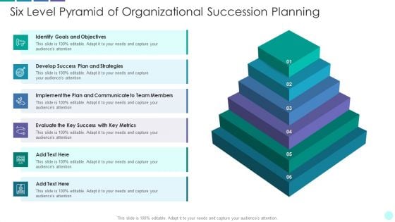 Six Level Pyramid Of Organizational Succession Planning Icons PDF