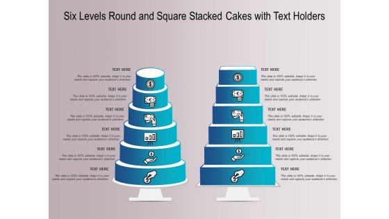 Six Levels Round And Square Stacked Cakes With Text Holders Ppt PowerPoint Presentation Styles Icons PDF