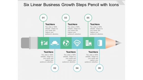 Six Linear Business Growth Steps Pencil With Icons Ppt PowerPoint Presentation Show Design Inspiration