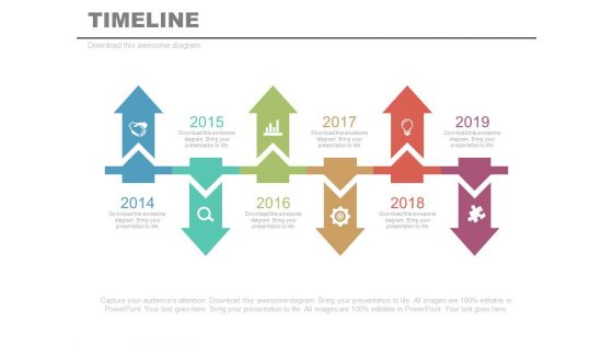 Six Linear Timeline Arrows Year Diagram Powerpoint Slides
