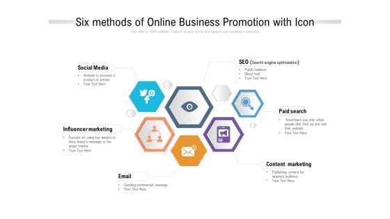 Six Methods Of Online Business Promotion With Icon Ppt PowerPoint Presentation Pictures Clipart