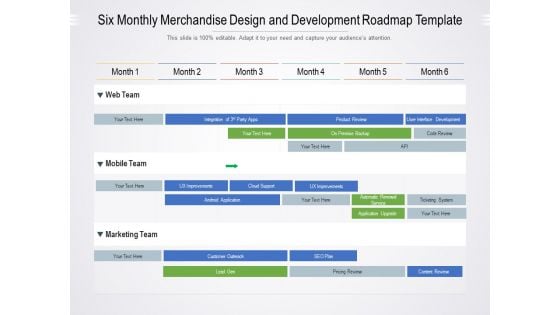 Six Monthly Merchandise Design And Development Roadmap Template Summary