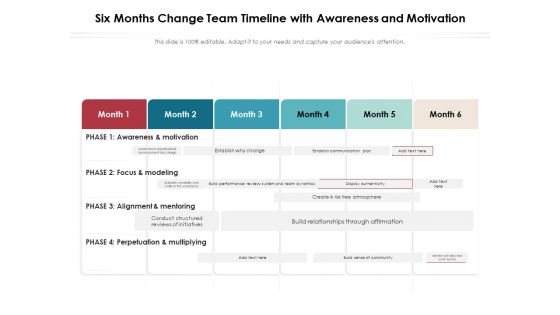 Six Months Change Team Timeline With Awareness And Motivation Ppt PowerPoint Presentation File Professional PDF