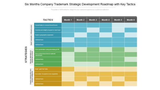 Six Months Company Trademark Strategic Development Roadmap With Key Tactics Brochure