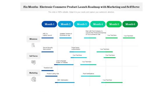 Six Months Electronic Commerce Product Launch Roadmap With Marketing And Self Serve Diagrams Six Months Electronic Commerce Product Launch Roadmap With Marketing And Self Serve Diagrams