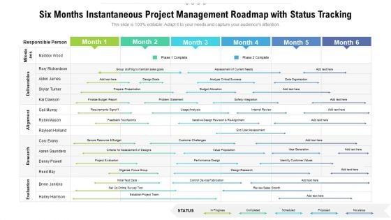 Six Months Instantaneous Project Management Roadmap With Status Tracking Designs