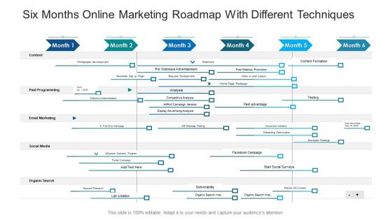 Six Months Online Marketing Roadmap With Different Techniques Ppt Icon Inspiration PDF