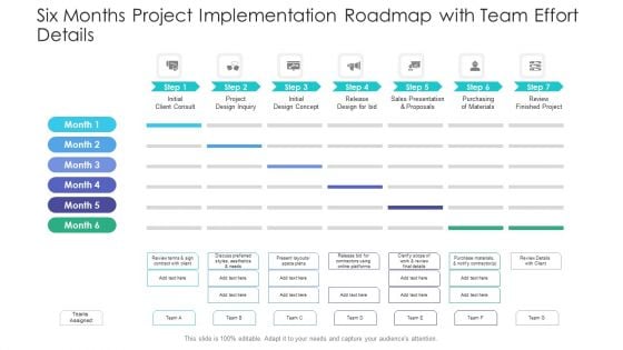 Six Months Project Implementation Roadmap With Team Effort Details Slides